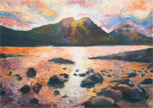 Oil landscape painting showing sea, mountains and sunny sky.