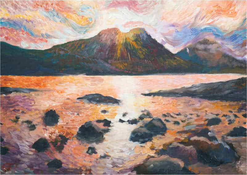 Oil landscape painting showing sea, mountains and sunny sky.