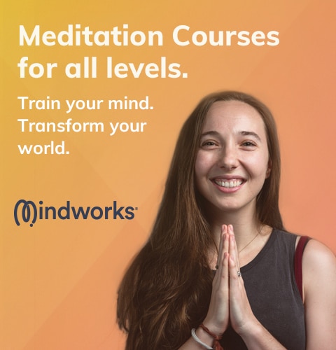 An image of a girl with hands in prayer, wanting to take a meditation course to become more aware and train her mind