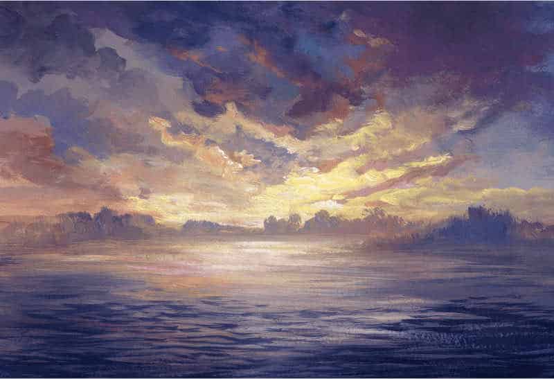 sunset near the water, acrylic painting