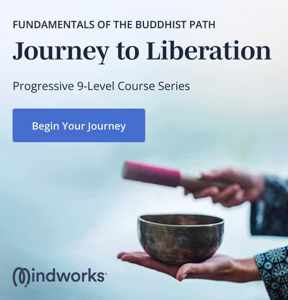 Woman in robe ringing a gong - a symbol of the Buddhist path